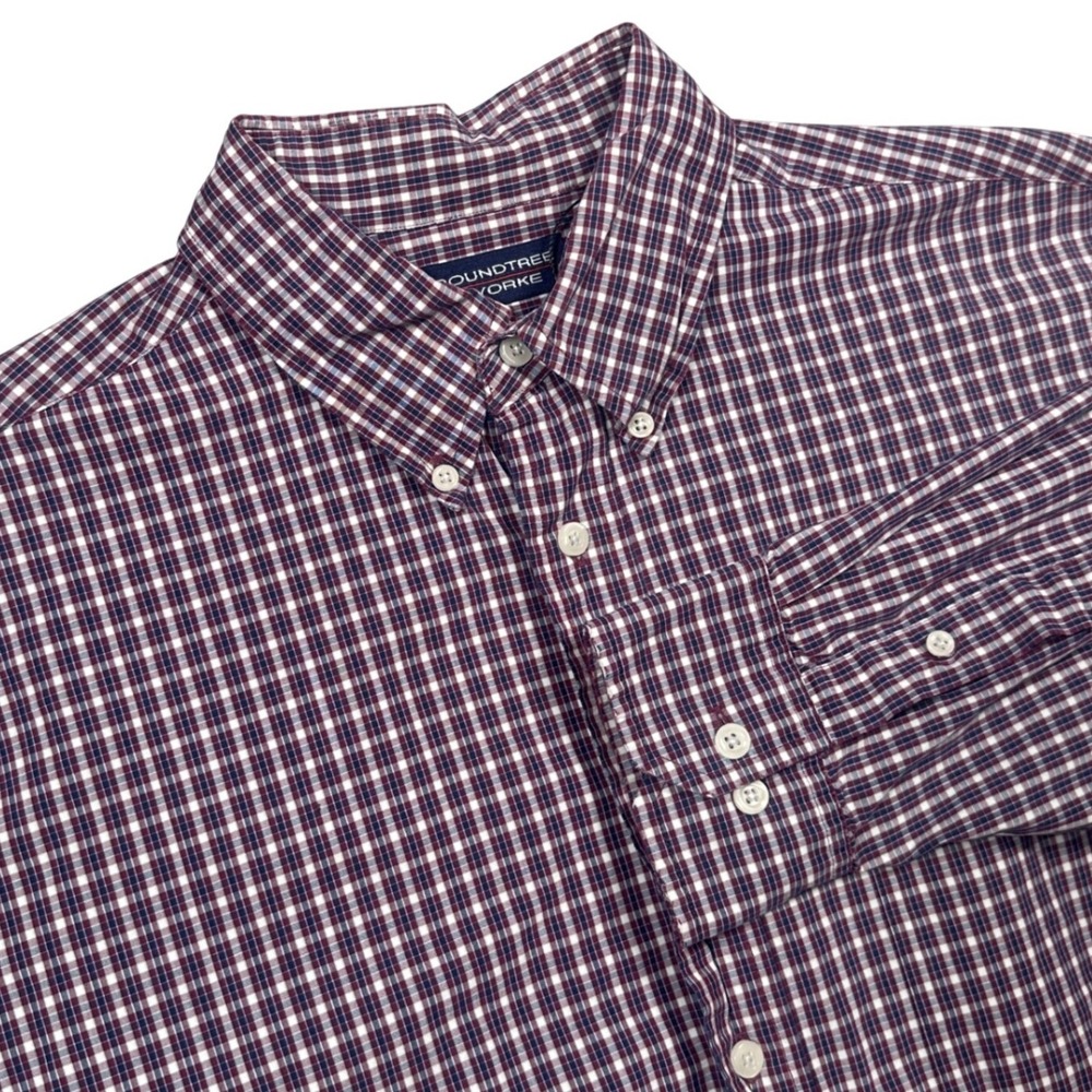 Roundtree & Yorke Button Down Shirt Mens Large Burgundy Plaid Excellent Cotton